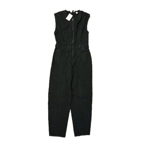 Black Denim Tailored 1 Pc Sleeveless Jumpsuit Size 6 Moto Grunge Military Punk - Picture 2 of 11